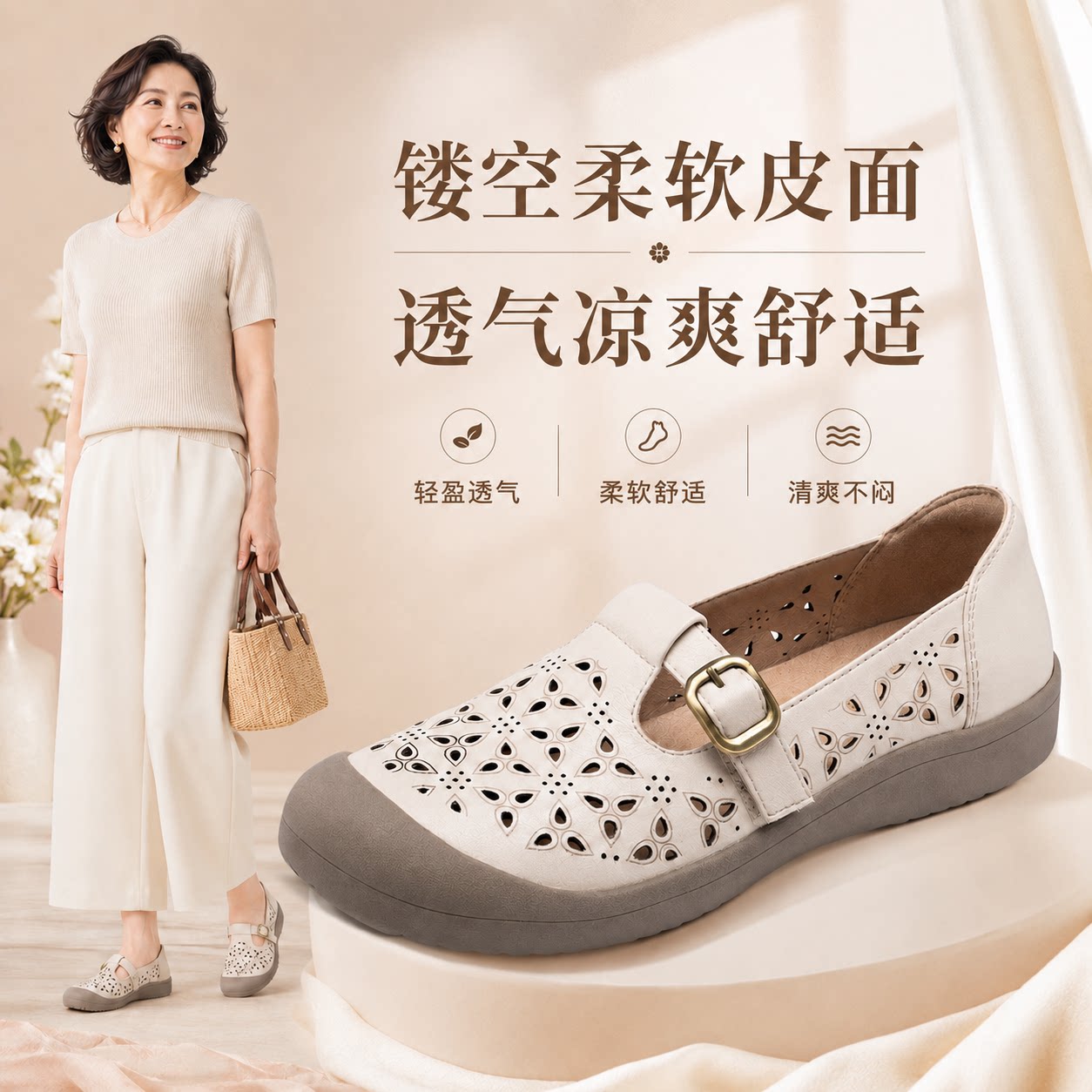 欧卡汇新款夏季包头镂空凉鞋妈妈鞋中老年舒适透气软底女鞋洞洞鞋