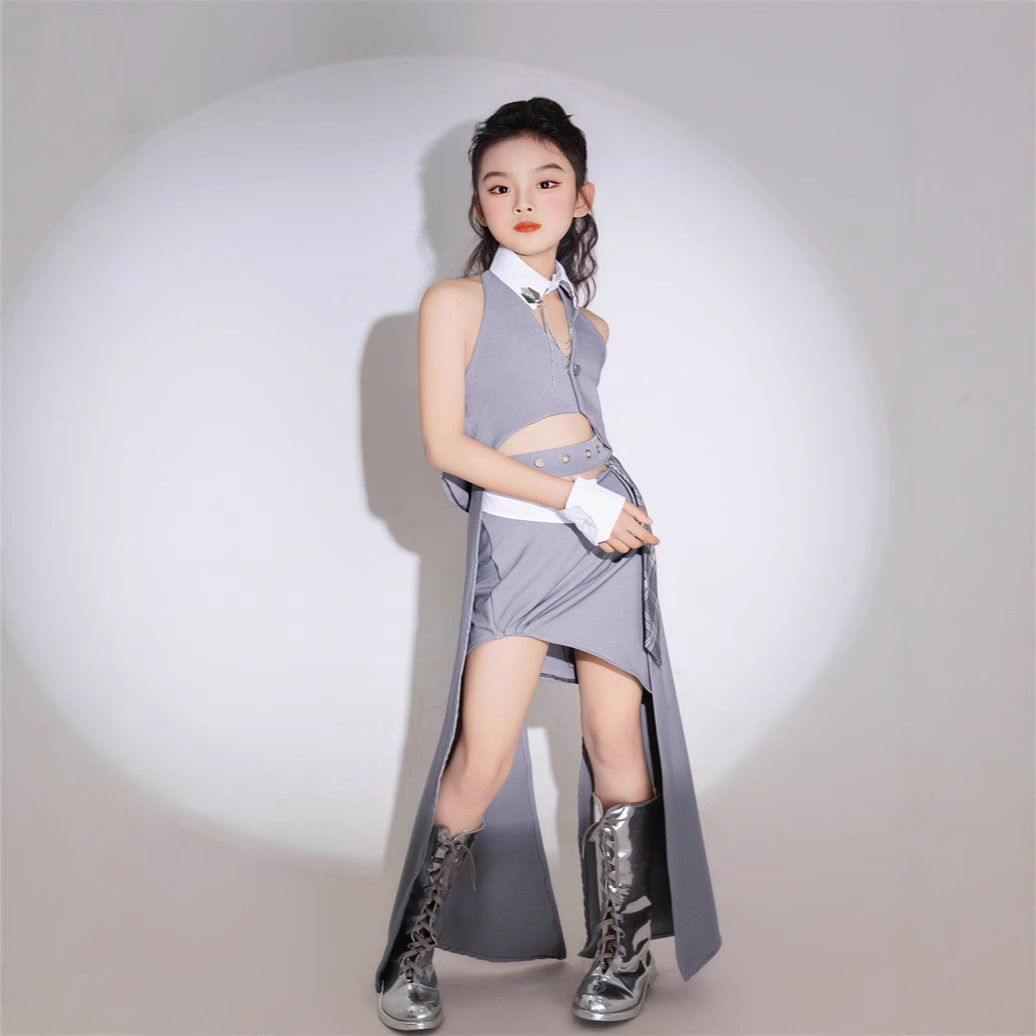 女童灰色西裝掛脖套裙女王酷帥風(fēng)顯白T臺(tái)秀服模特賽服PK小眾創(chuàng)意