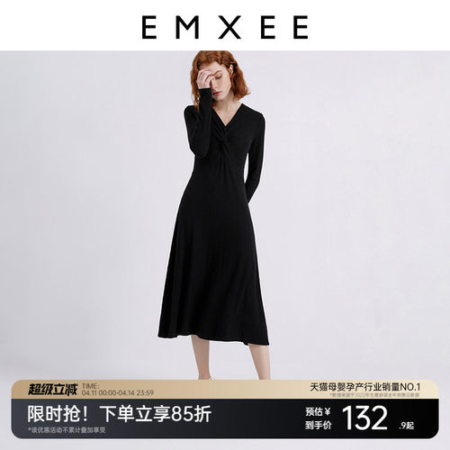 EMXEE/嫚熙V领春秋长袖提花长裙