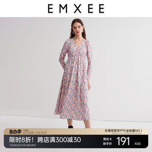 孕妇装 休闲碎花连身衣孕期专用V领时尚 EMXEE嫚熙孕妇连衣裙春季