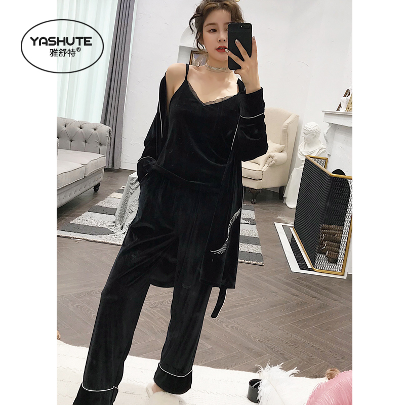 春秋季长袖女士睡衣金丝绒三件套