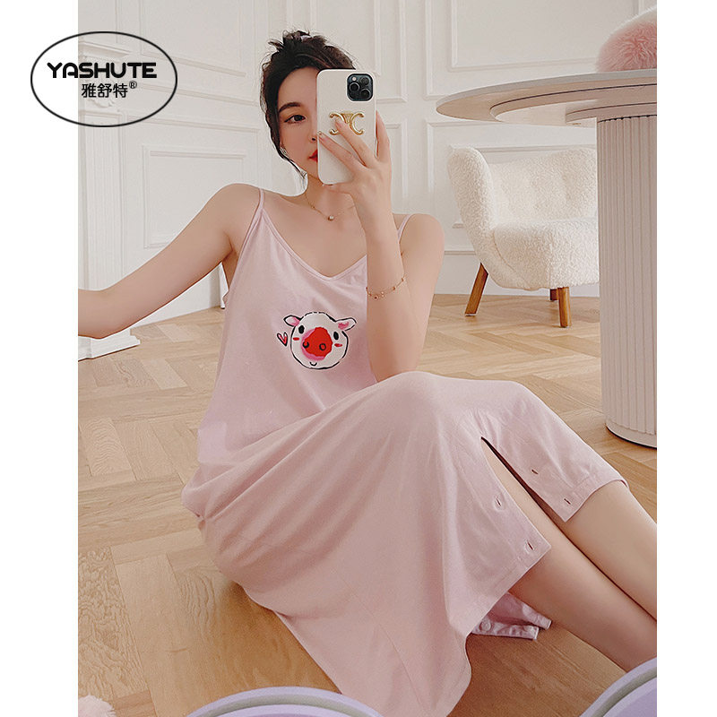 睡衣女夏季纯棉吊带V领睡裙防走光可爱卡通连体睡裤女薄款家居服