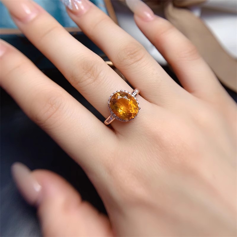 天然黄水晶戒指女纯银招财黄宝石