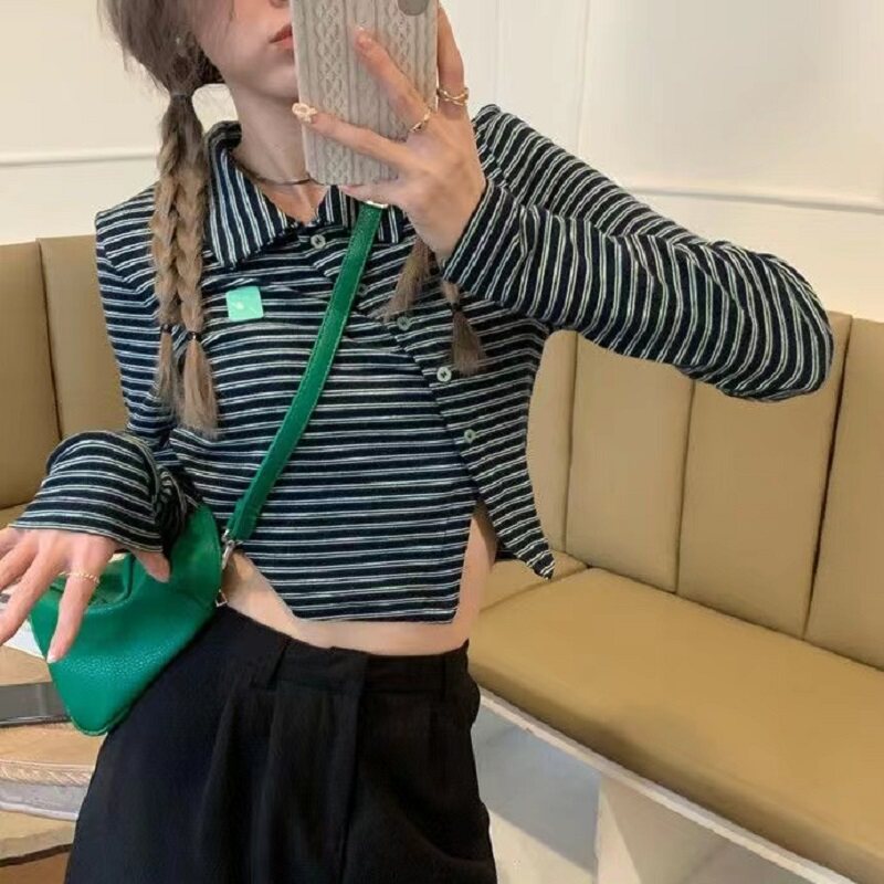 2025新款斜扣长袖条纹t恤女修身显瘦短款露脐设计感polo领上衣潮