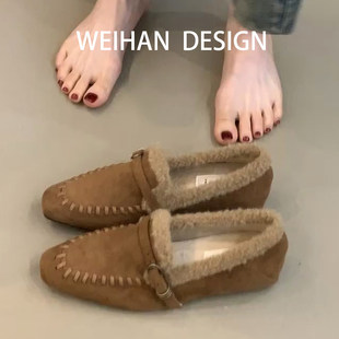 羊皮版！复古绒面厚底乐福鞋女外穿加绒保暖豆豆鞋内增高秋冬单鞋