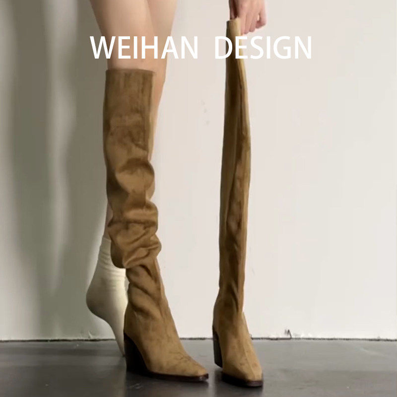 羊皮版！复古高跟骑士靴女尖头粗跟褶皱堆堆靴绒面高筒过膝长筒靴