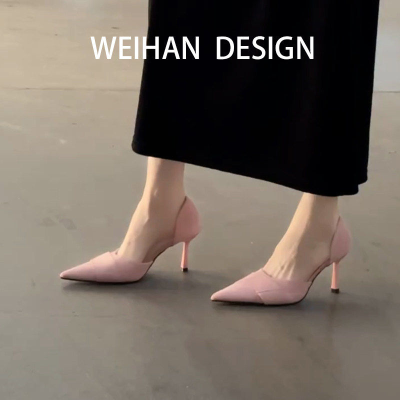 羊皮版！气质轻熟风侧空高跟鞋尖头法式小众配裙子宴会鞋外穿凉鞋