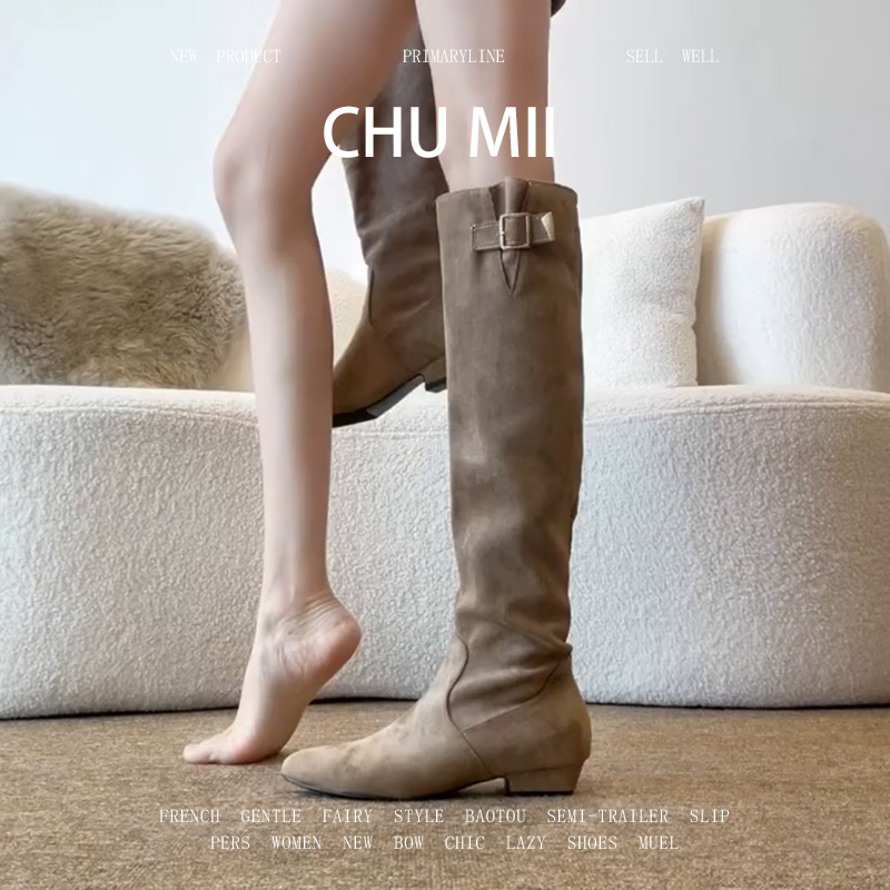 法式方头粗跟过膝长靴女