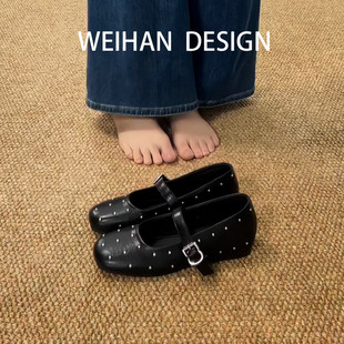 羊皮版！复古满天星铆钉单鞋女内增高小皮鞋春款一字扣带玛丽珍鞋