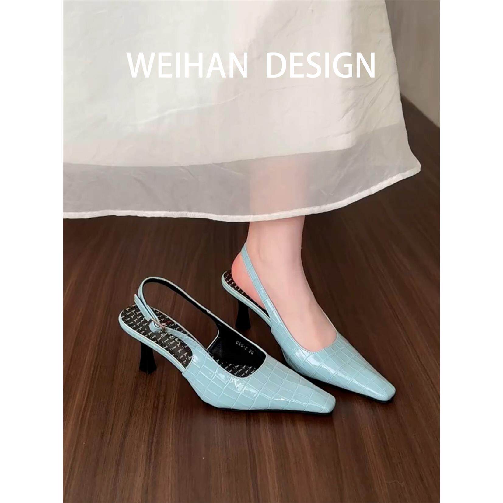 羊皮版！性感小方头细跟包头凉鞋女外穿春夏气质一字带后空高跟鞋