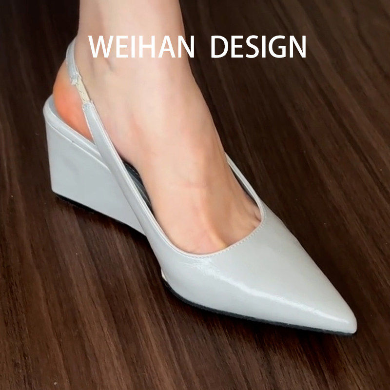 羊皮版！尖头后绊带包头凉鞋女法式简约漆皮坡跟内增高外穿高跟鞋