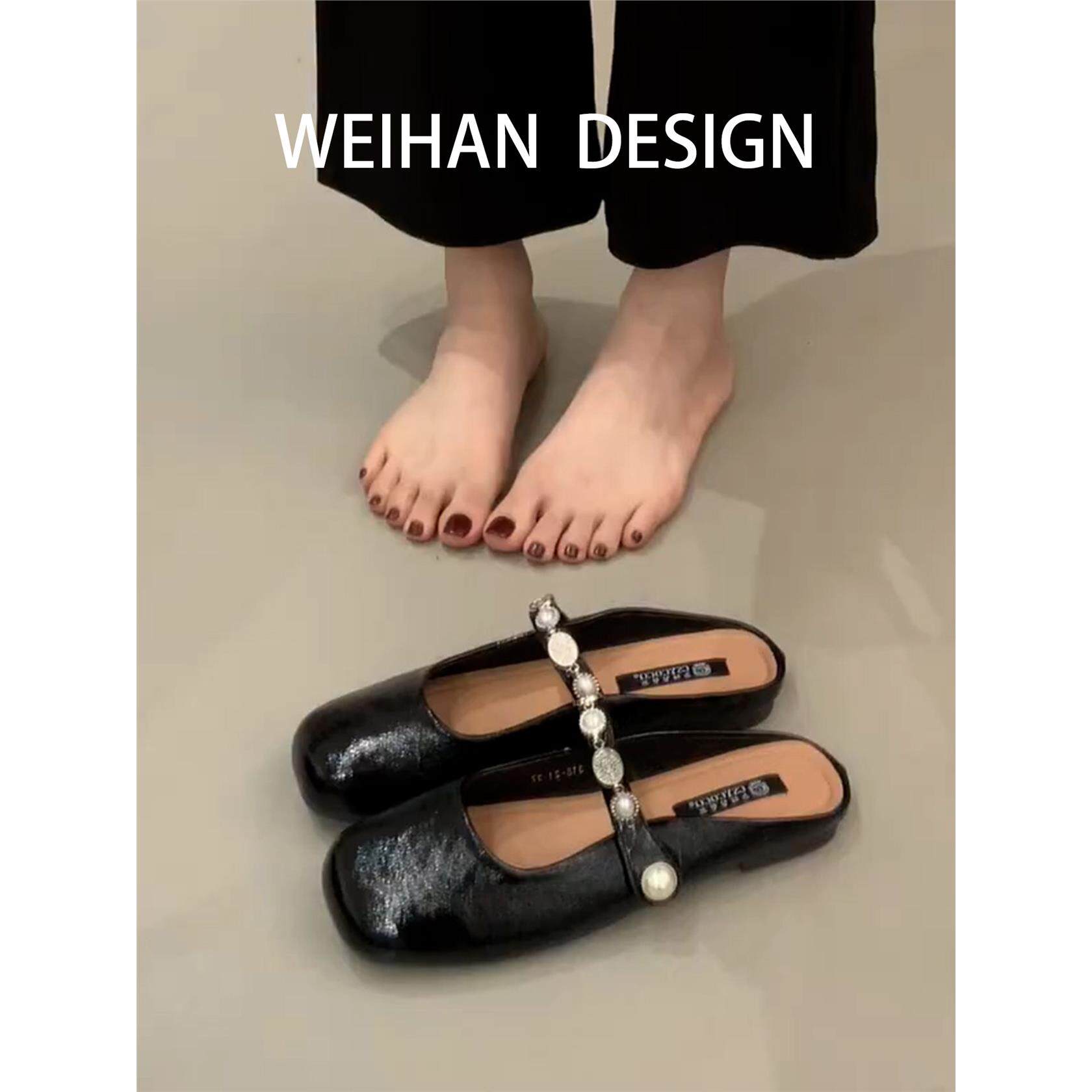 羊皮版！平底复古珍珠扣一字带凉拖女韩式圆头懒人一脚蹬包头凉鞋