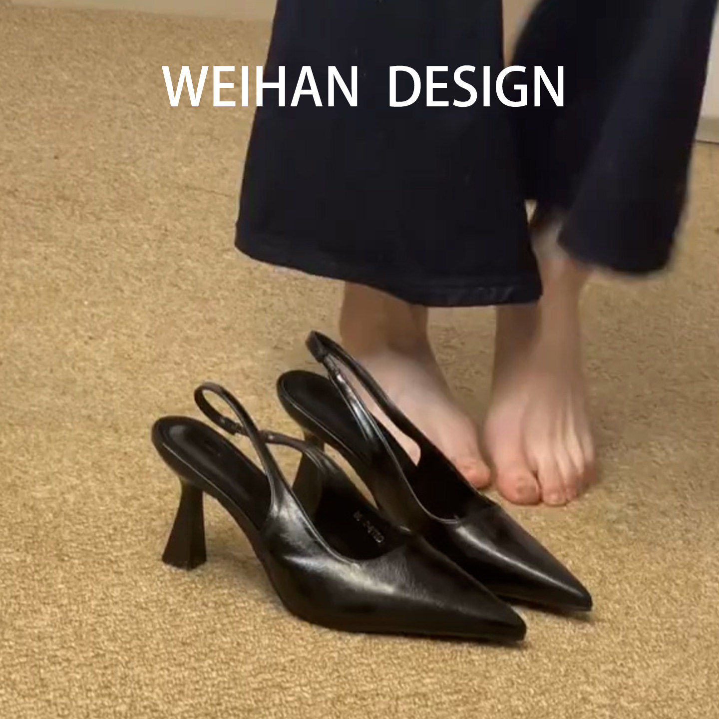 羊皮版！法式尖头细跟气质高跟鞋后空绊带包头凉鞋女职业通勤单鞋