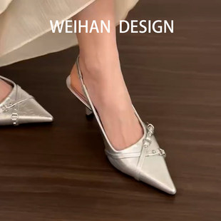 羊皮版！尖头搭扣包头後空凉鞋女春银色小猫跟高跟鞋细跟外穿单鞋