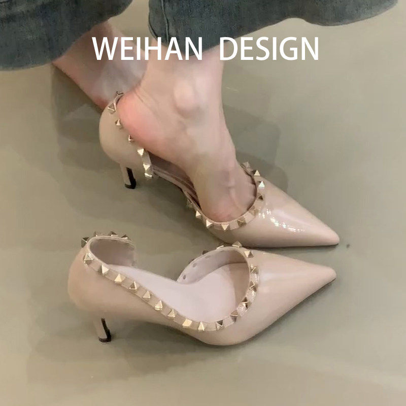 羊皮版！裸色漆皮高跟鞋女性感细跟尖头侧空铆钉凉鞋配礼服宴会鞋