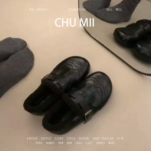 羊皮版~复古雕花英伦风小皮鞋女圆头内增高真皮单鞋法式加绒棉鞋