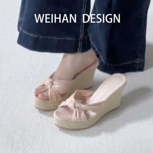 女夏外穿草编松糕厚底增高高跟凉鞋 羊皮版 高跟防水台坡跟凉拖鞋