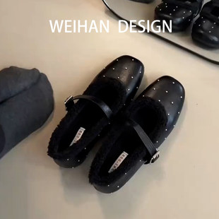 羊皮版！方头浅口铆钉波点复古平底单鞋内增高加绒一字带玛丽珍鞋