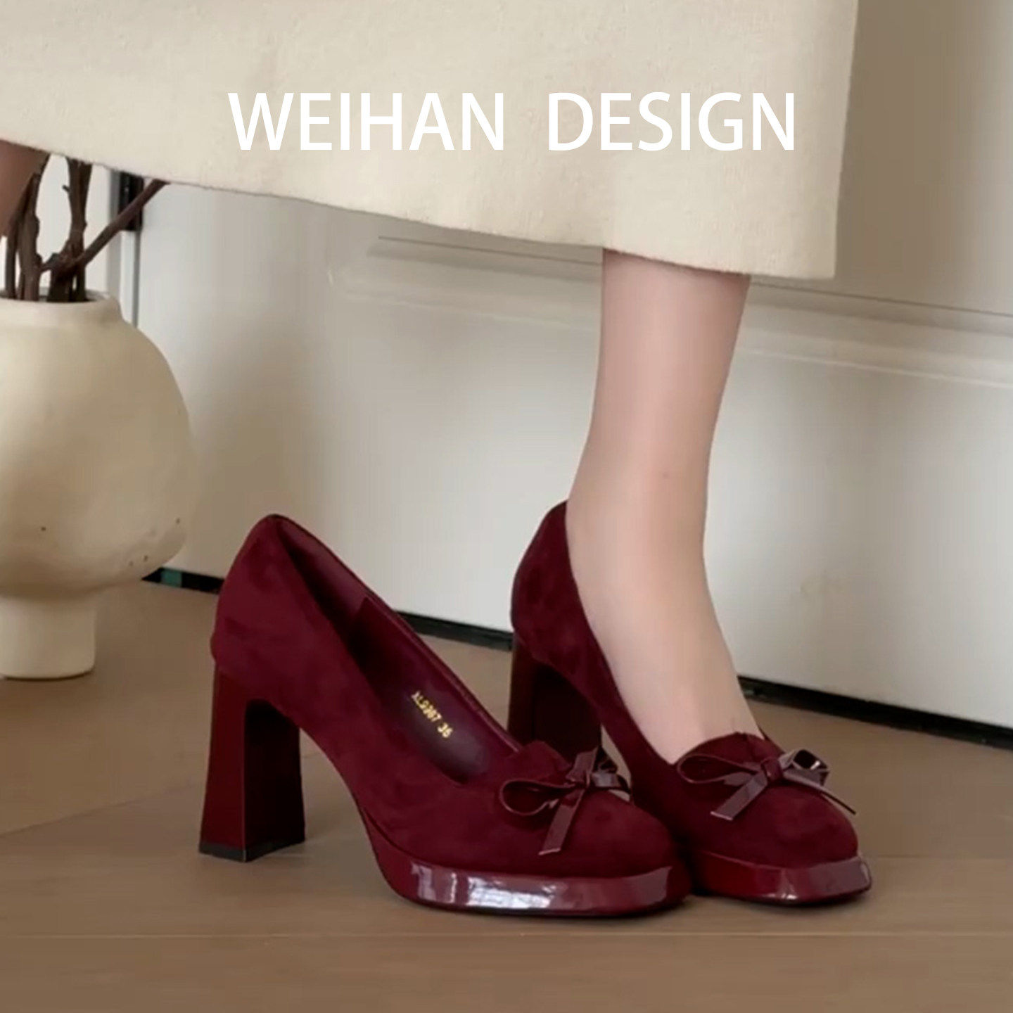 羊皮版！小个子圆头粗跟玛丽珍鞋红色绒面蝴蝶结高跟鞋防水台鞋