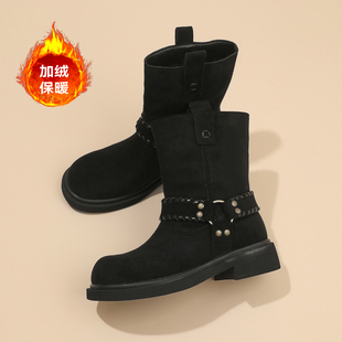 复古厚底西部堆堆靴女2025冬季新款加绒中筒靴英伦风高级感骑士靴