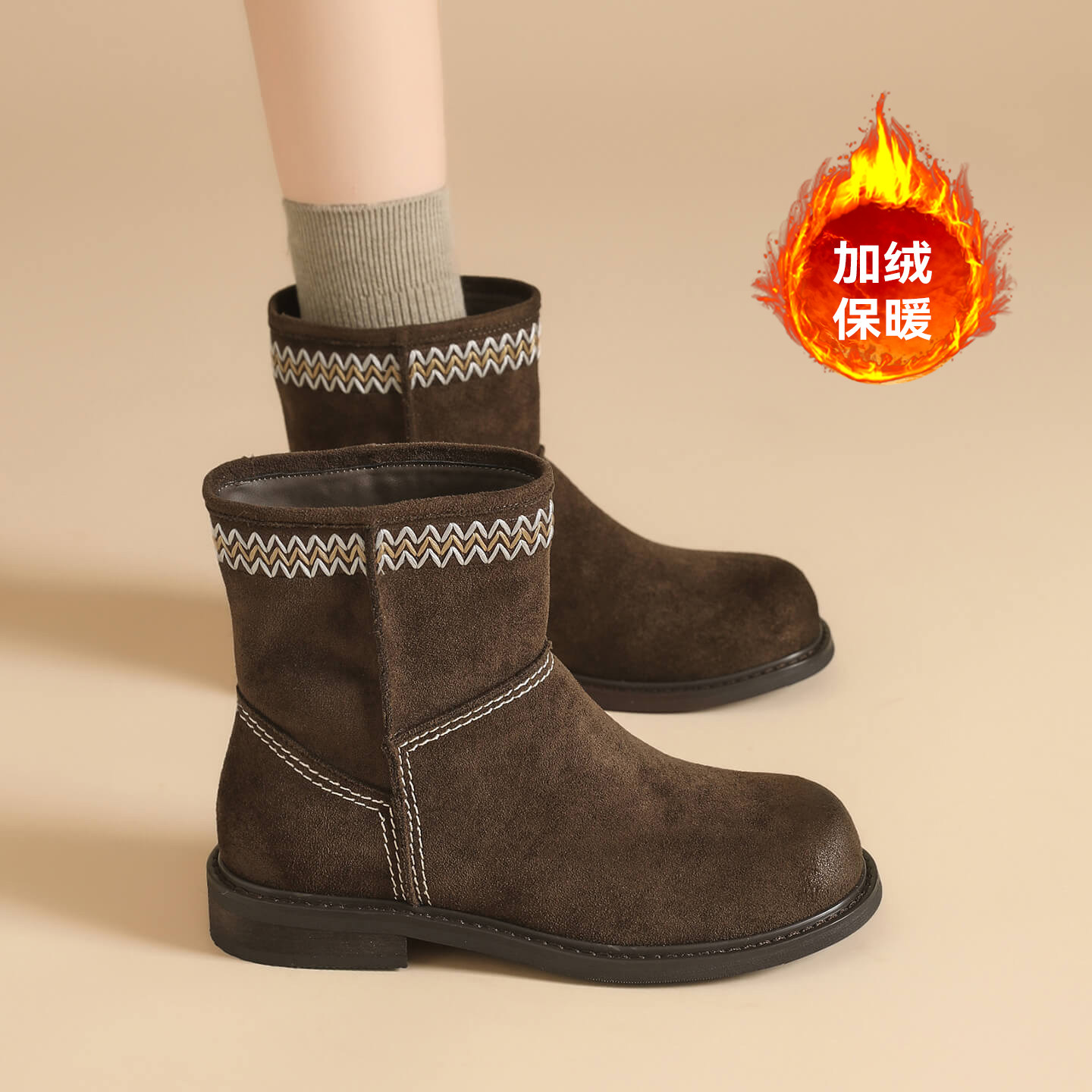 棕色复古一脚蹬短靴女2025冬季新款牛奶绒软底不累脚时尚马丁靴子