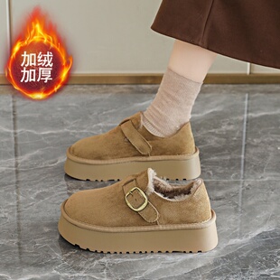 2025新款冬季松糕底乐福鞋女款一脚蹬毛毛棉鞋外穿保暖加绒勃肯鞋