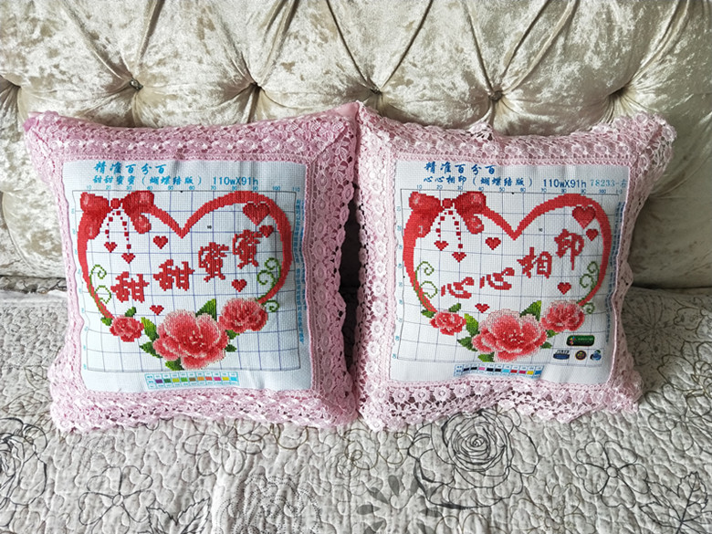 包邮手工十字绣成品抱枕甜甜蜜蜜心心相印抱枕靠枕腰枕车枕绣好的