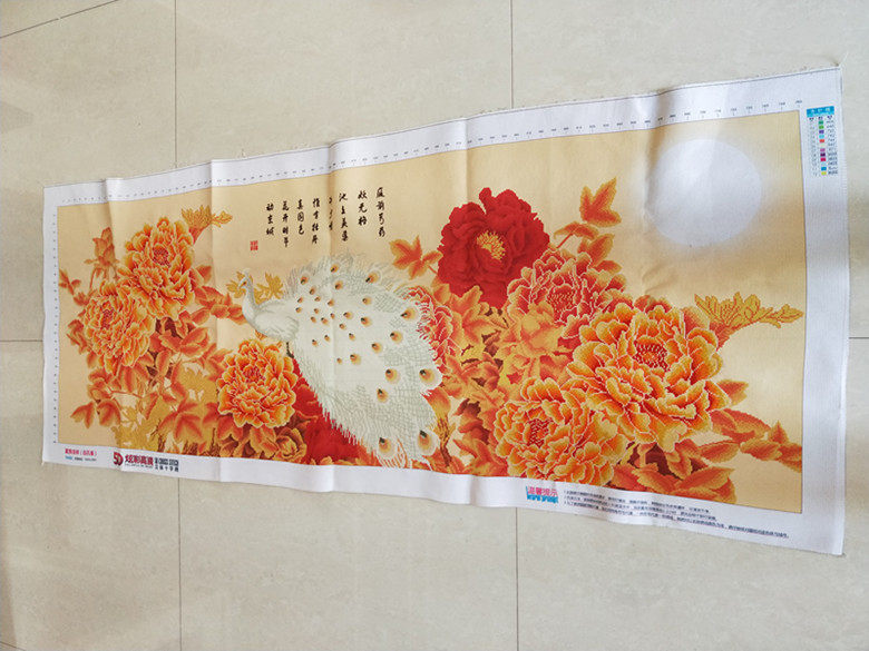 包邮手工十字绣成品5D富贵吉祥白孔雀金牡丹图客厅大图绣好的包邮