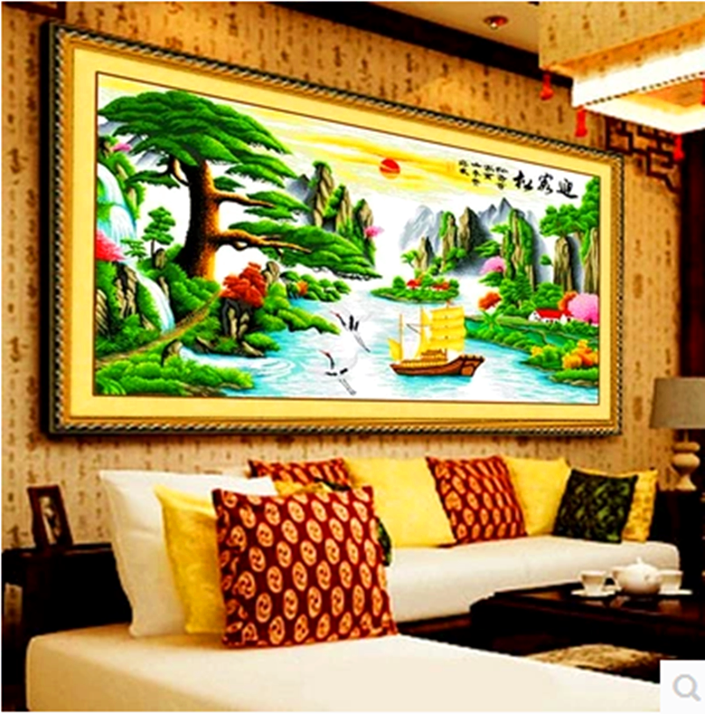 包邮手工十字绣成品迎客松财运版仙鹤帆船客厅山水风景大画现货