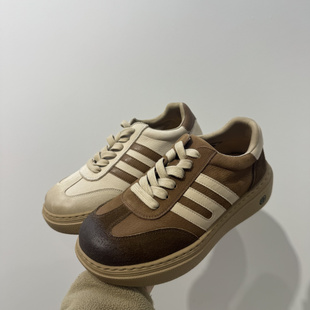 女百搭不累脚牛皮平底板鞋 真皮拼色德训鞋 女厚底系带休闲运动鞋