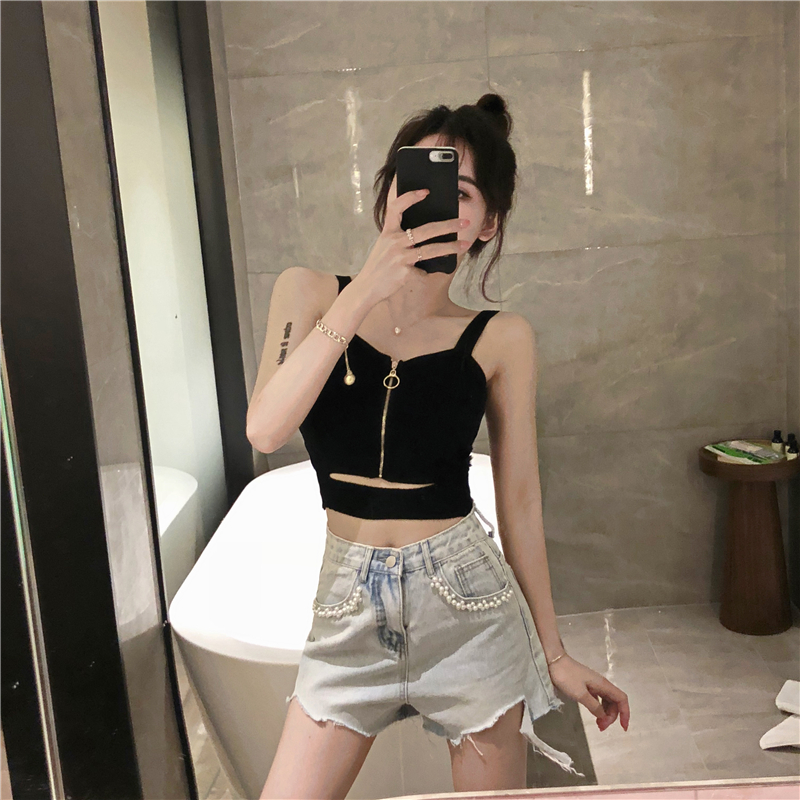 Real shot zipper chest open belly button short suspender top female summer student sexy nightclub