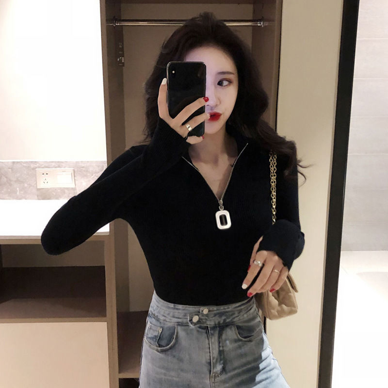 Real shot! Zipper sweater long sleeve half high collar knitted sweater top for women in winter