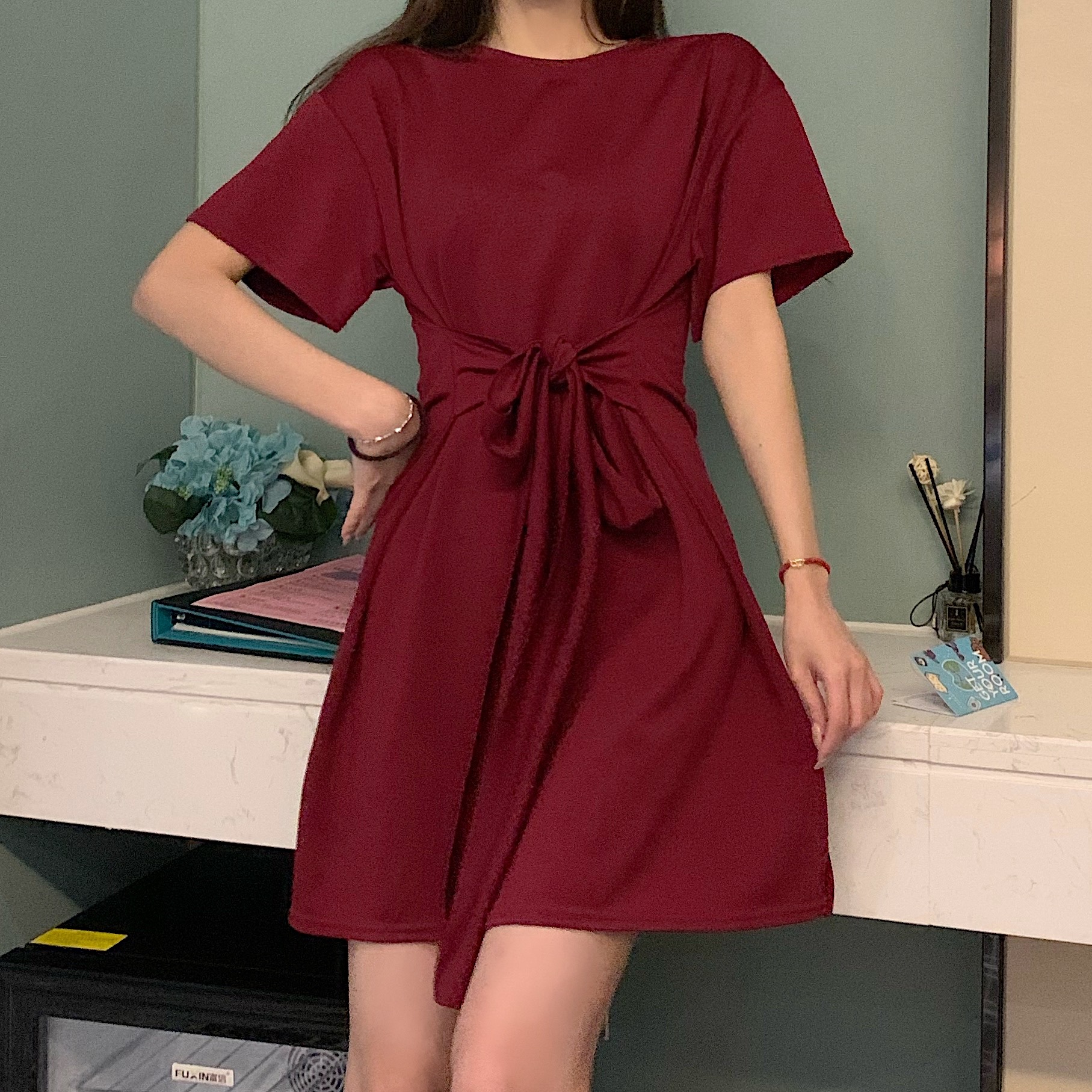 Real photo bowknot retro skirt with waist closing bandage showing thin short sleeve dress