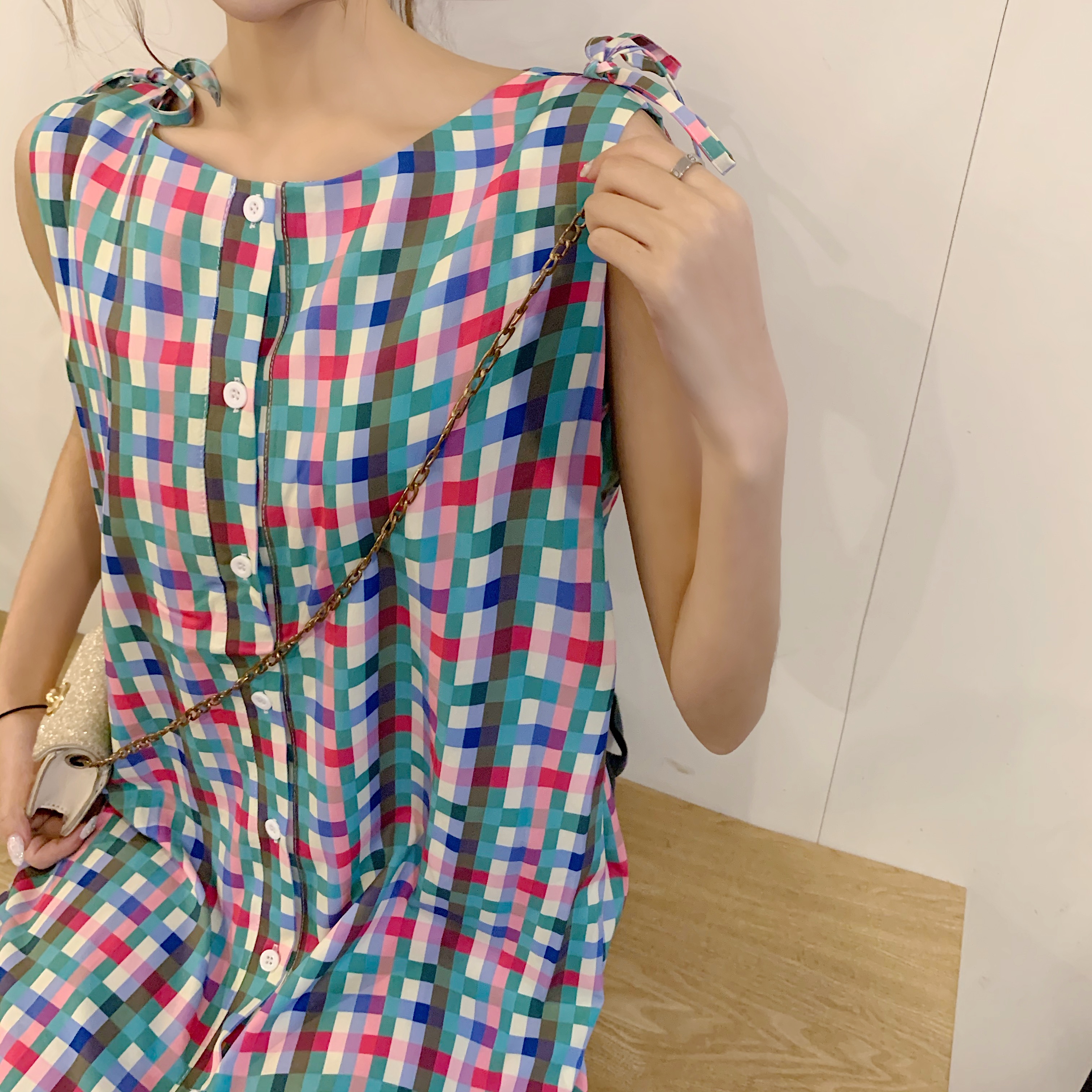 Real photo small fresh color check Korean dress women's Travel Holiday Beach skirt