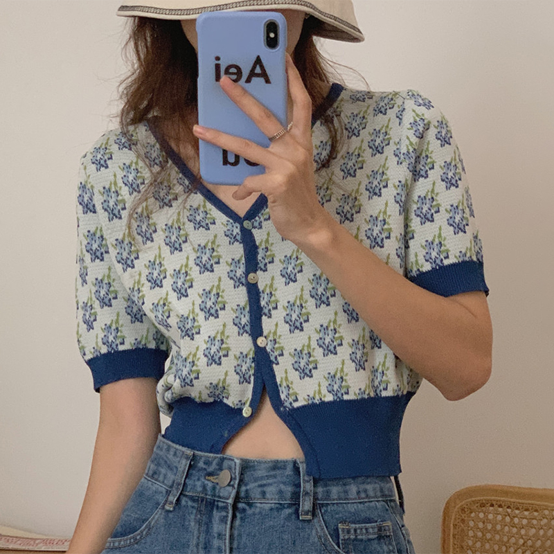 Korean summer retro lazy collar contrast printed single breasted short sleeve knitted cardigan