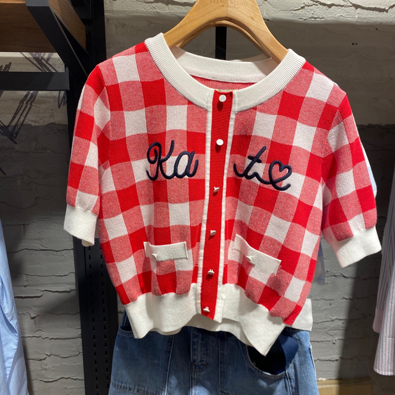 Bear round neck Pullover thin knitted short sleeve T-shirt French sweet top women's spring