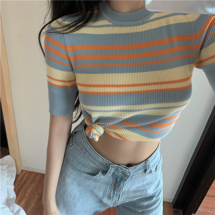Real shot! Summer new short Rainbow Stripe knitted short sleeve T-shirt shows thin navel top