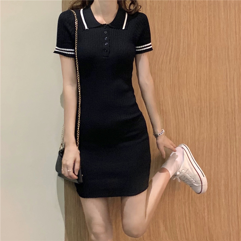 Real shot new solid color Lapel buckle slim knit Short Sleeve Dress
