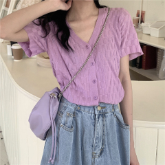 Real price and versatile temperament show thin loose neck knitted short sleeve cardigan women's top
