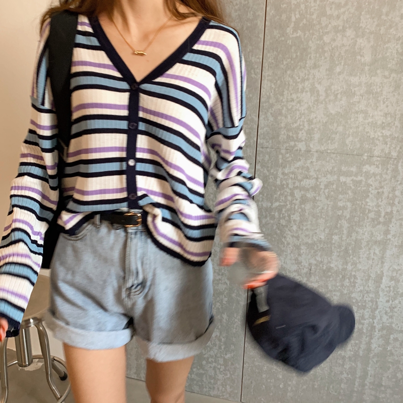 Loose contrast stripe long sleeve cardigan T-shirt women's air conditioning shirt sunscreen long sleeve