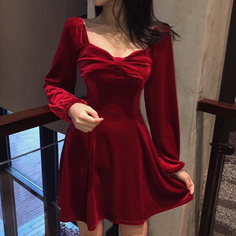 Official picture retro red dress women's summer slim waist short skirt velvet long sleeve word skirt