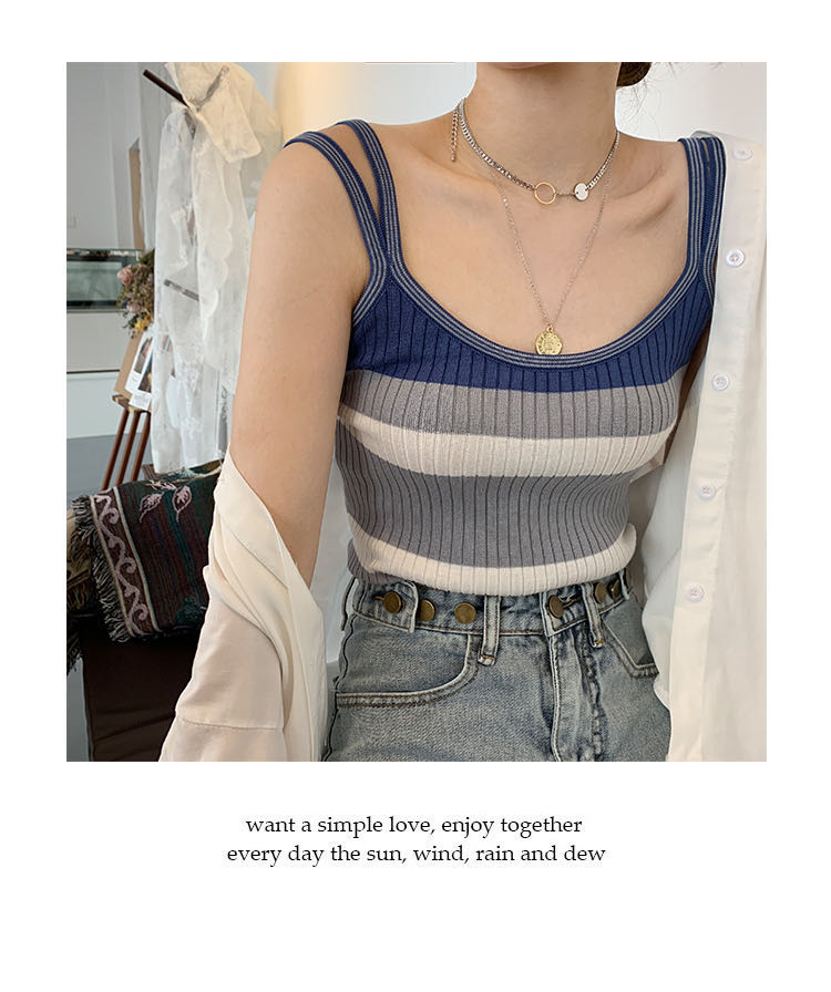 Hong Kong style retro double shoulder striped vest women's Korean slim character Knitted Top