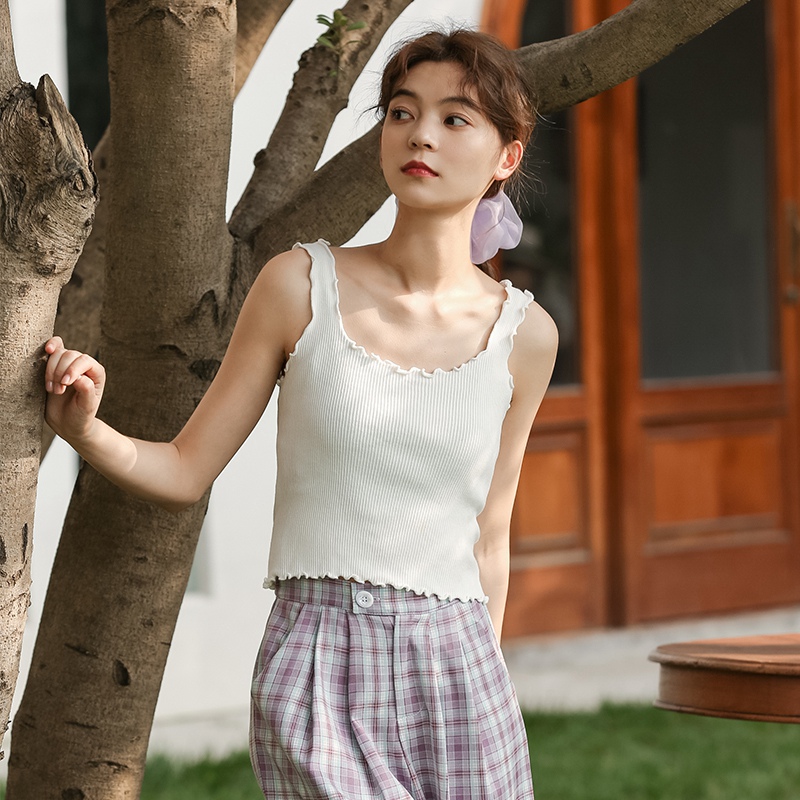 2021年夏季新款修身顯瘦內搭背心木耳邊吊帶上衣女打底衫外穿
