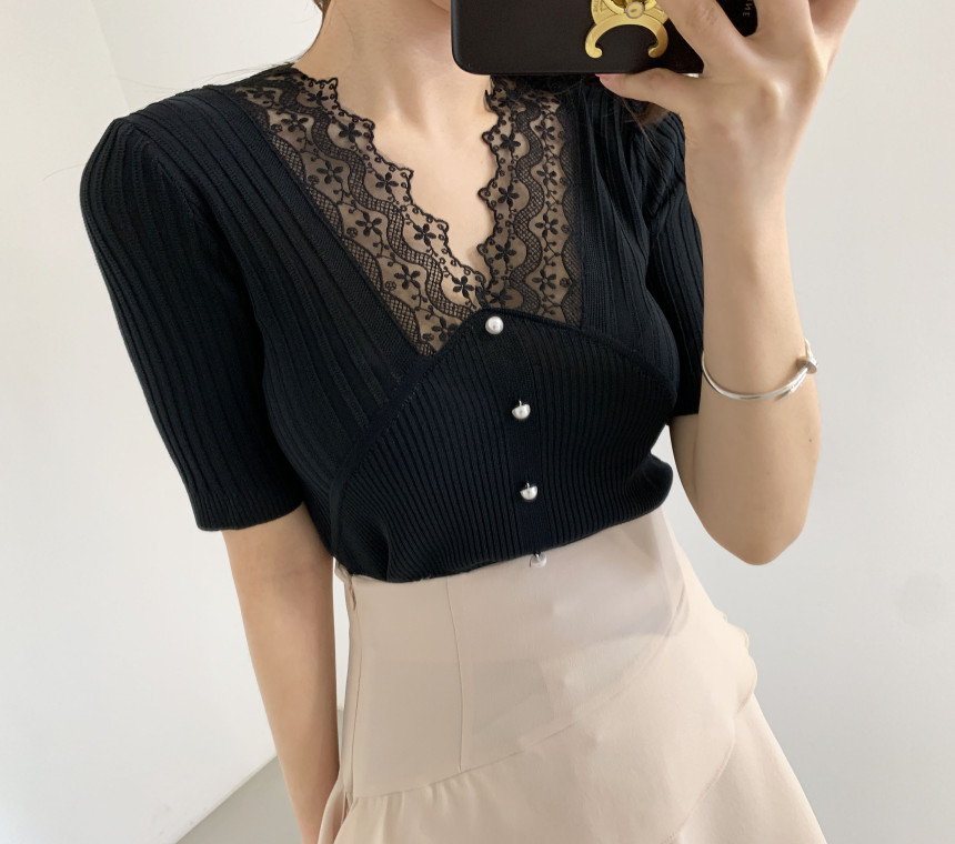 Thin ice silk T-Shirt NEW collar lace slim elastic foreign style versatile, with bottom coat inside