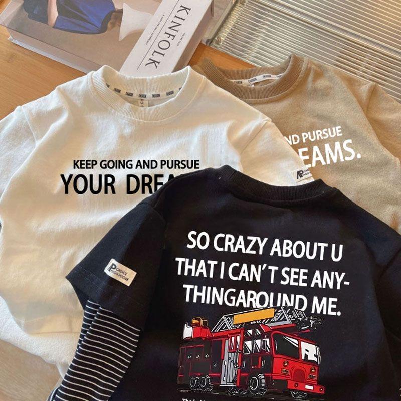 款消防车长袖T恤汽车假两件上衣