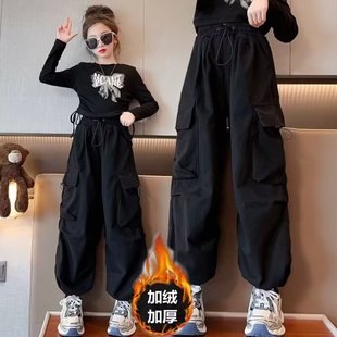 女童工装裤春秋款中大童女孩炸街爵士舞长裤儿童冬装一体加绒裤子