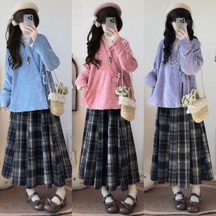 曹州莘月原创汉服宋制毛呢加绒飞机袖改良松紧腰日常百褶裙秋冬款