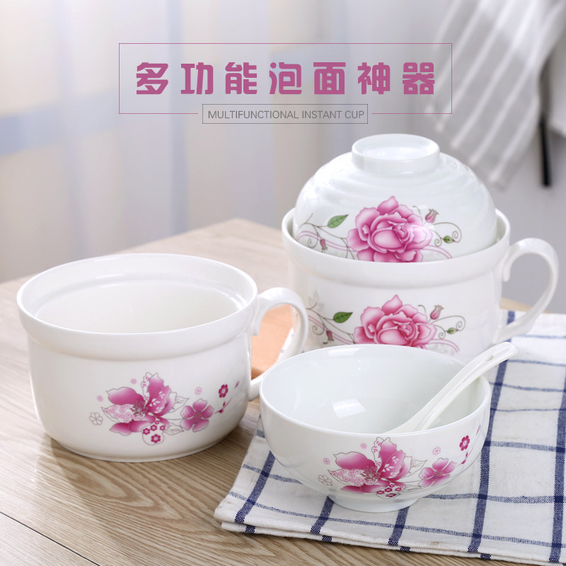 Japanese ceramic instant noodle bowl with handle and cover