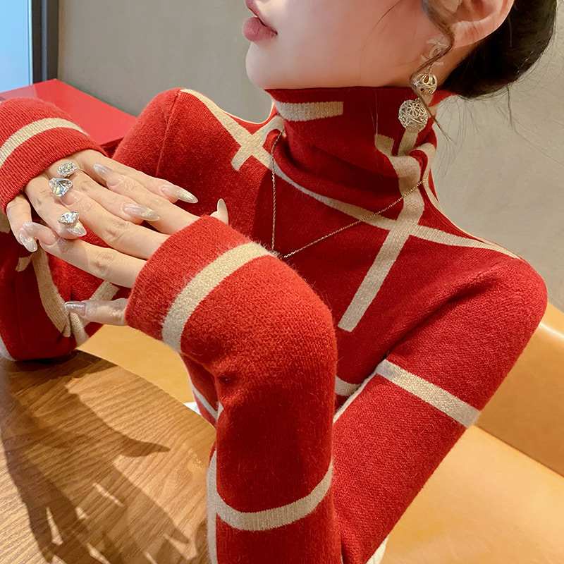 蜜熙高领红色毛衣打底紧身内搭