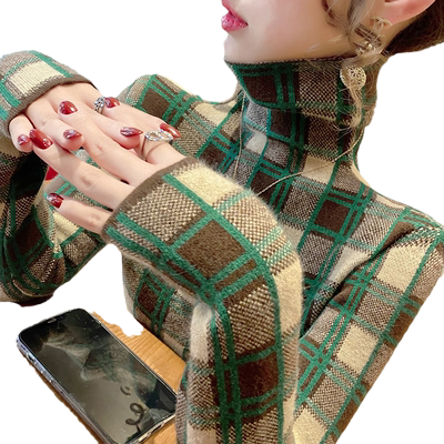 高领毛衣洋气打底格子撞色内搭